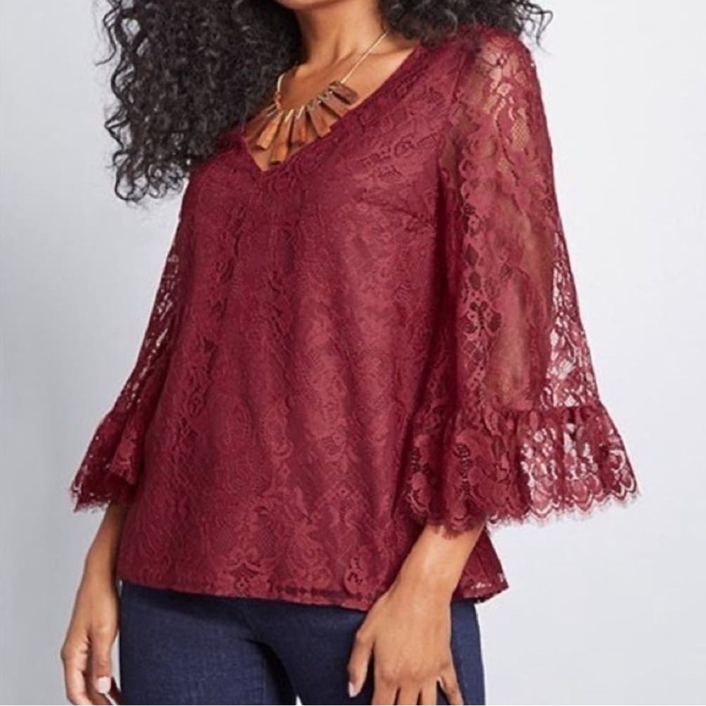 ModCloth Large Burgundy Lace Ruffled Bell Sleeves Blouse Whimsigoth Coquette